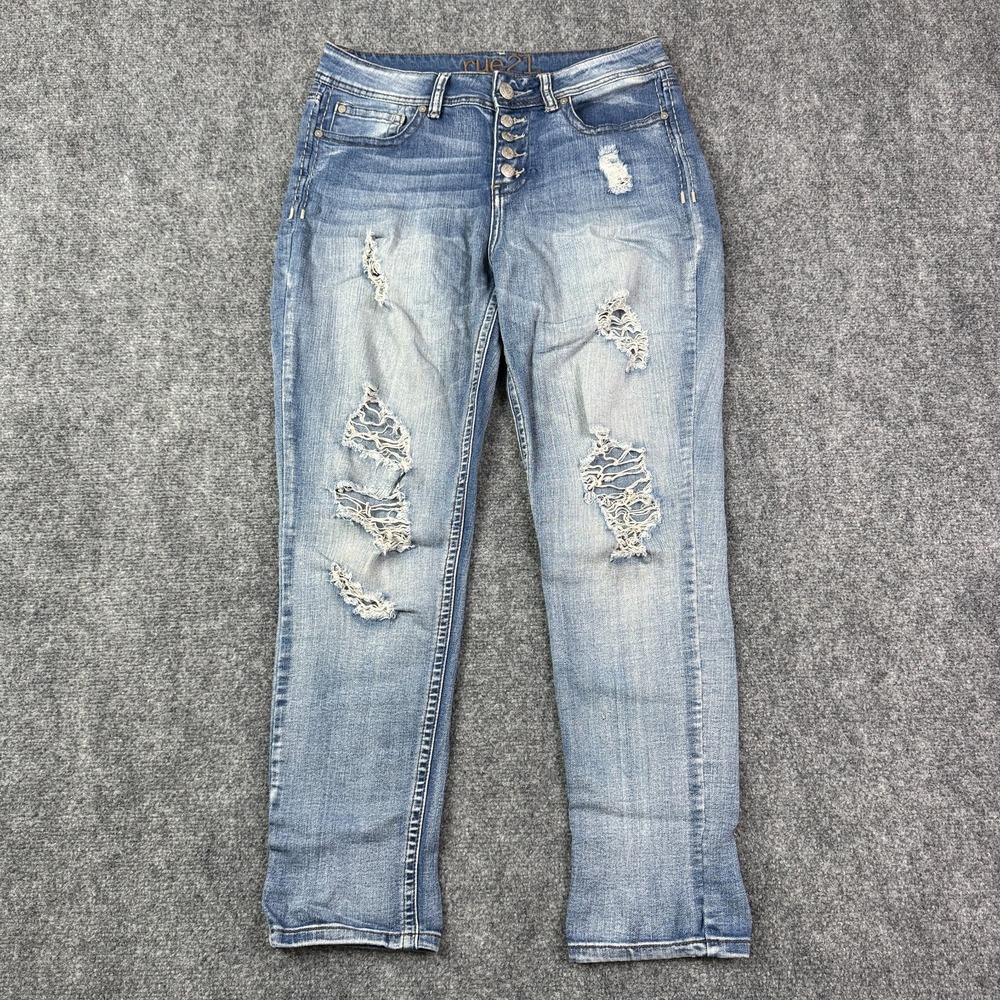 Rue 21 Womens Skinny Jeans Size 7/8 Mid Rise Button Fly Distressed Stretch Denim
